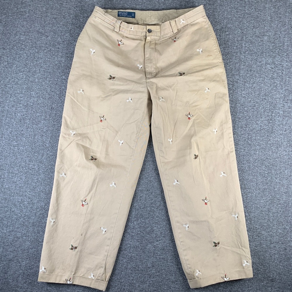 VTG Polo Ralph Lauren Pants Men 36x27 Beige Embroidered Hunting Mallard Birds